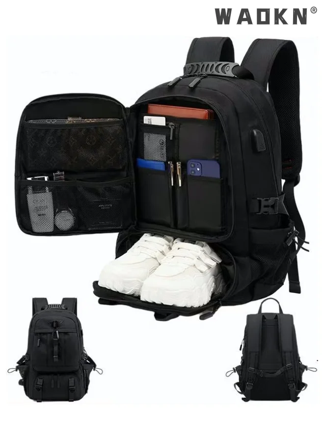 WAOKN Extra Large Travel Backpack with Independent Shoe Compartment and USB Charging Port (Black, 60L) ofzbe