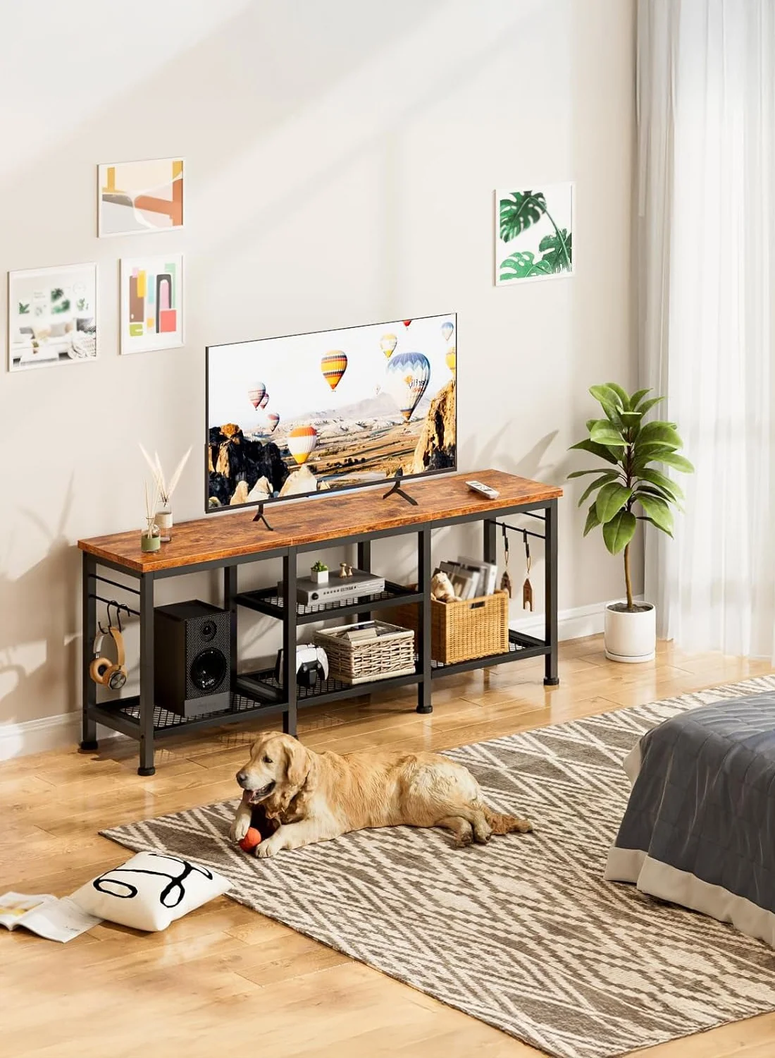 Yanara TV Stand for TVs up to 55 Inches, Entertainment Center with Open Storage Shelves and Soundbar Console (Rustic Brown) uv00y