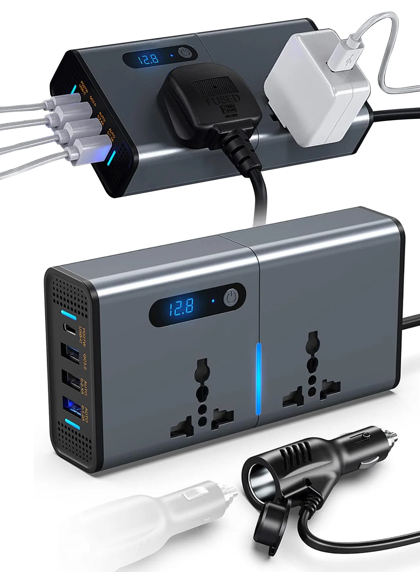Topleo 200W Car Power Inverter DC 12V to 220V AC Adapter with 3 USB Ports and 2 AC Outlets for Laptops and Mobile Devices (Silver) kewj7