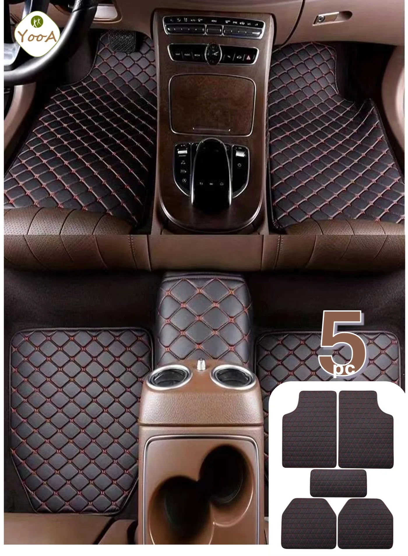 YooA Premium 5-Piece Car Floor Mat Set, Waterproof All-Weather Rubber Protection with Anti-Slip Backing for Cars Trucks SUVs (Black-Red, 5-Piece) be0zv