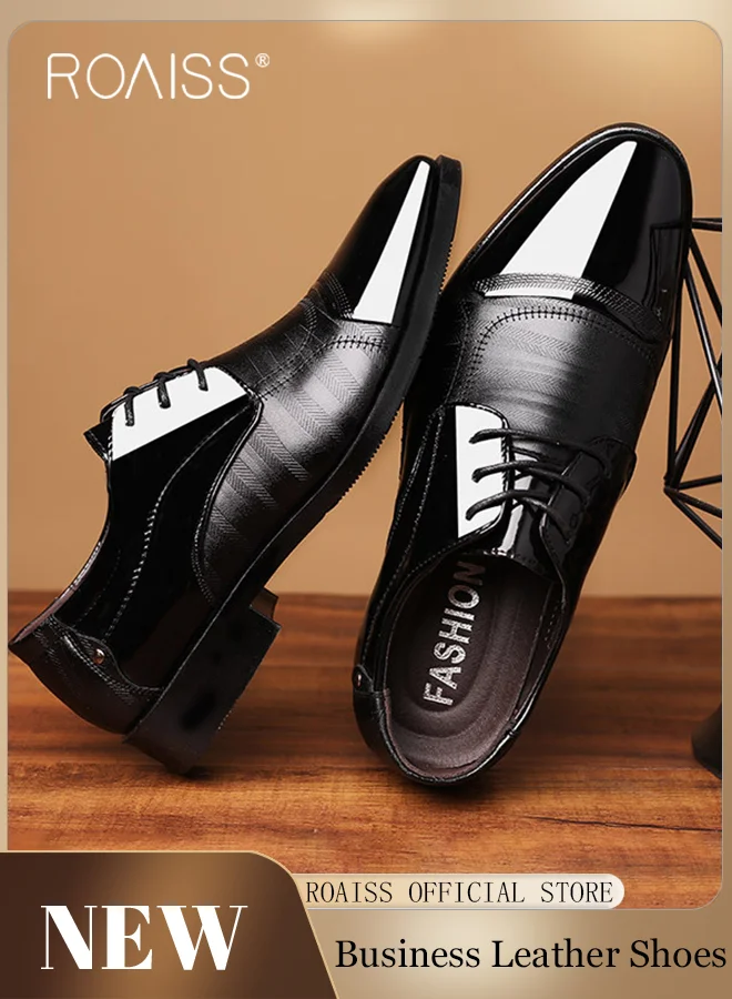 Roaiss Men Pointed Leather Dress Shoes, Classic Lace-up Formal Footwear with Non-Slip Sole for Business and Weddings (Black, 42 EU) st9l0