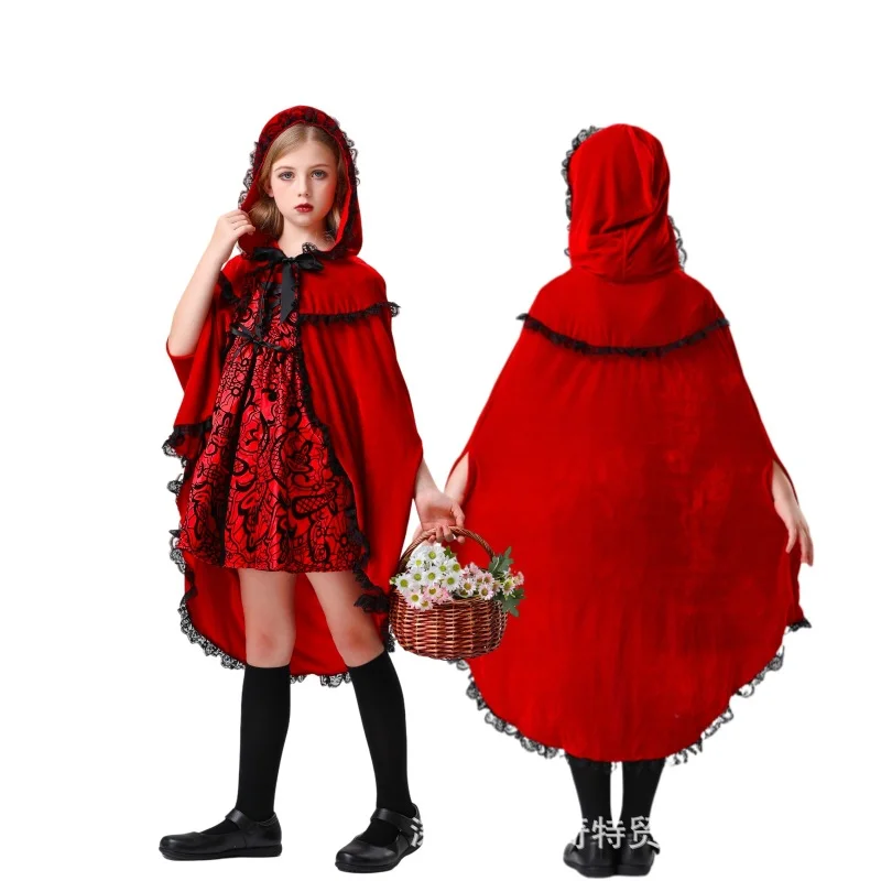 Loquat Little Red Riding Hood Dress Retro Court Cosplay Costume for Kids (Red) mmeyp