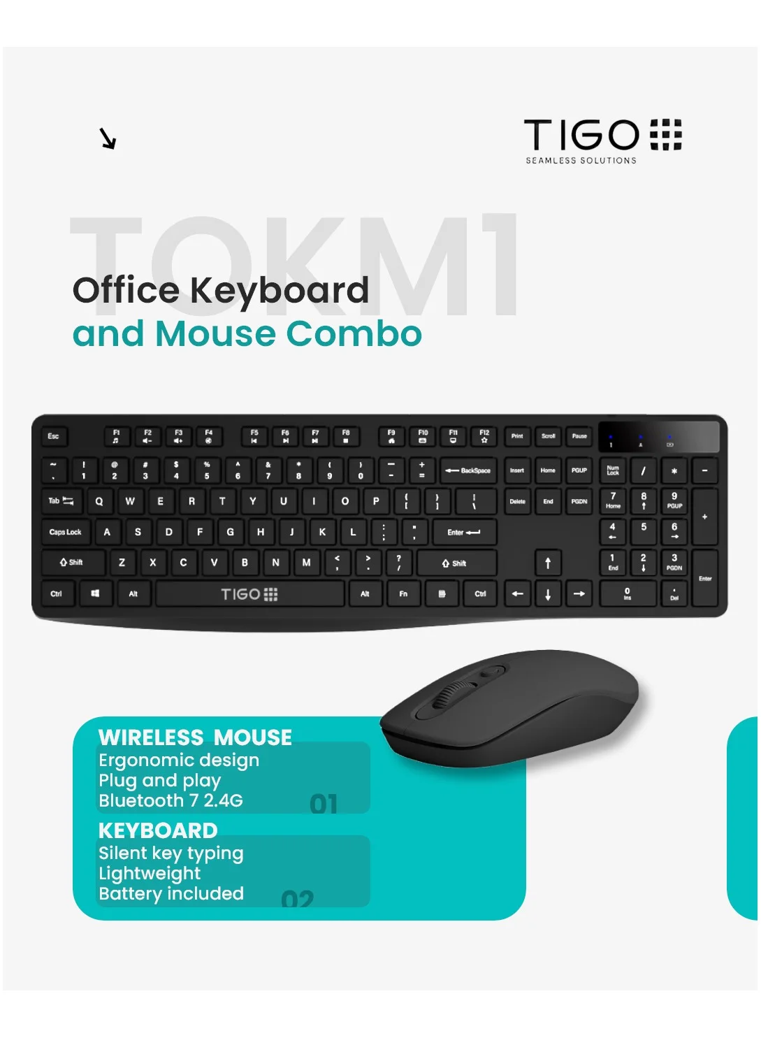 TIGO Wireless Keyboard and Mouse Combo, Ergonomic Silent Keys, English & Arabic Layout, 2.4GHz USB Receiver, Plug and Play for PC and Laptop (Black) wyh4k