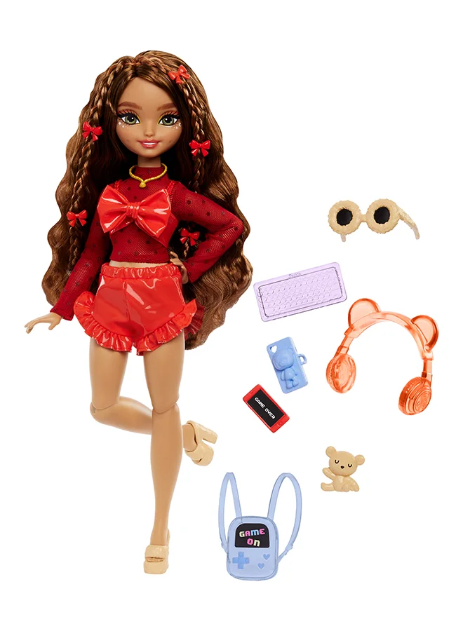 Fashion Doll Teresa Posable Fashion Figure with Brown Hair and Video Game Themed Accessories (10 Piece Set) c267m