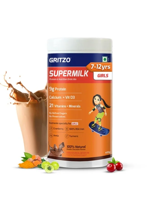 Gritzo SuperMilk Protein Powder for Girls 7-12 Years (Double Chocolate, 400g) awchy