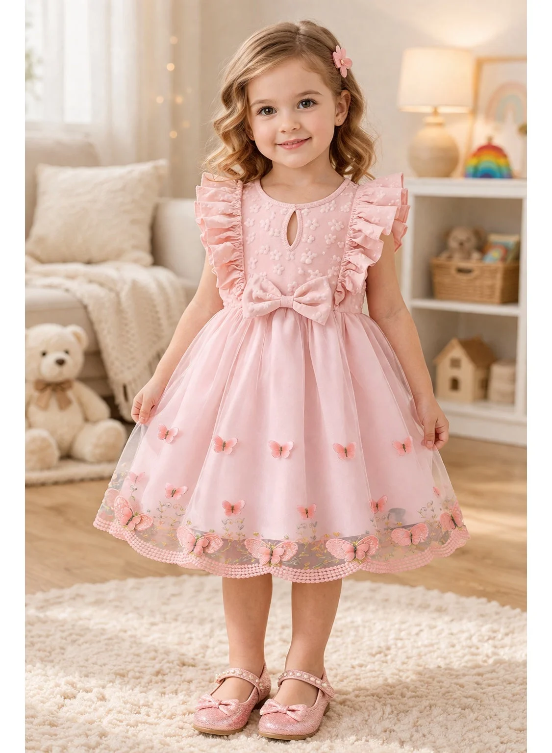 Smarties AE Girls Butterfly Tulle Dress Floral Embroidered Party Gown (Pink, 4-6 Years) 2pyvy