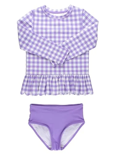 Premium Long Sleeve Rash Guard 2-Piece Swimsuit for Toddler Girls (Wisteria Purple Gingham, 2T) l5ho7