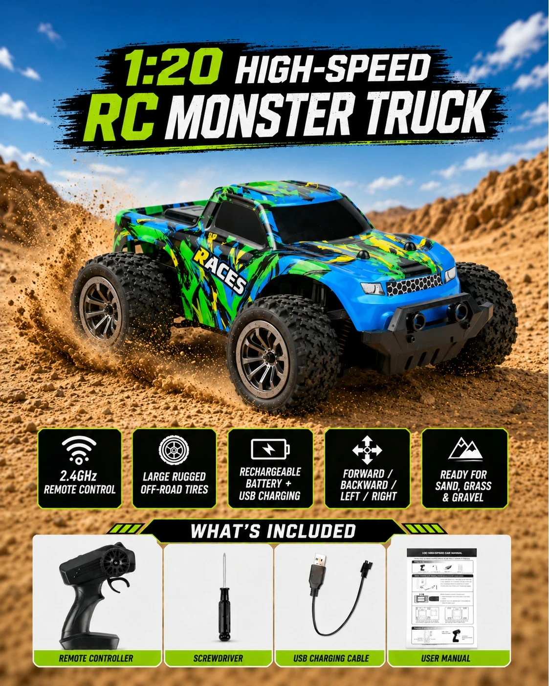 O2. Remote Control Monster Truck 1:20 Scale High-Speed Off-Road Racing Car (Multicolor, 1:20) eulky