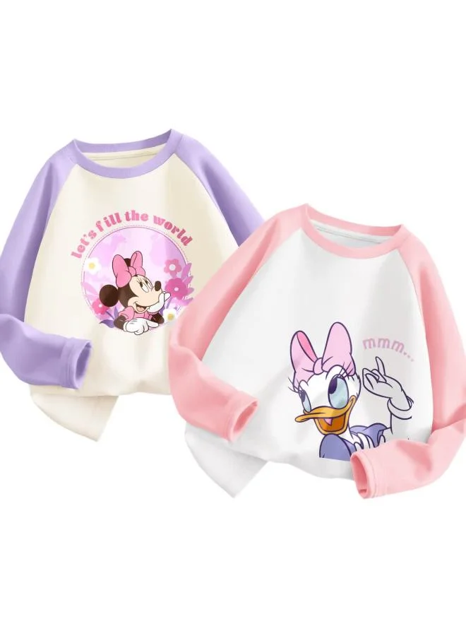 Premium Cotton Long Sleeve T-shirts for Kids Cartoon Floral Print (Purple and Pink, 2-Pack, Size 160) gf4wf