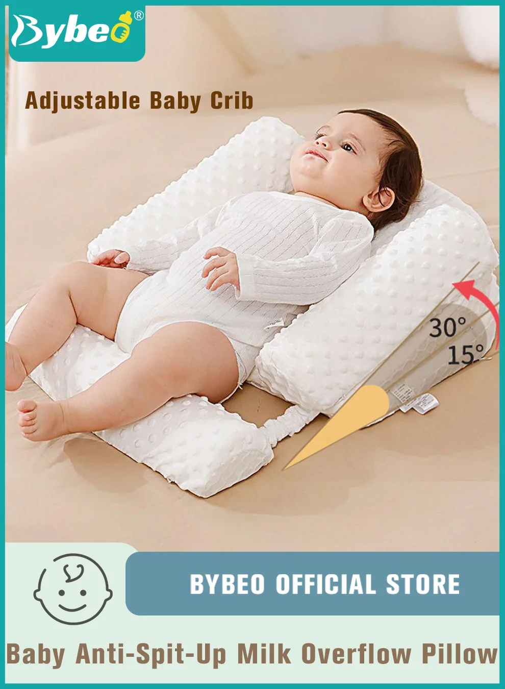 Bybeo Baby Crib Wedge Pillow (Adjustable 15-30 Degree Incline) Premium Ergonomic Headrest for Newborn and Infant Bedding ap8jd