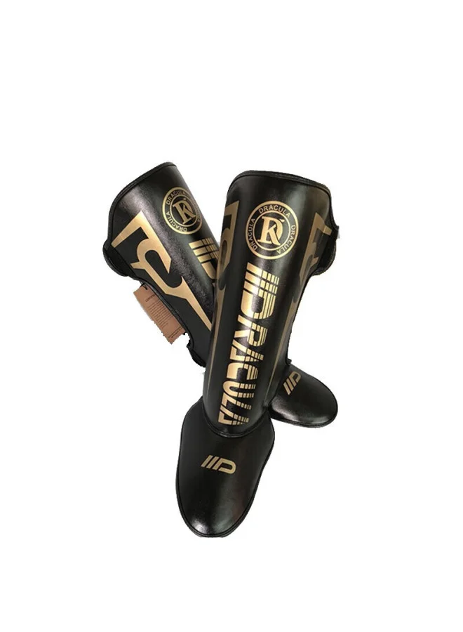 Premium Muay Thai Shin Guards with Foot Protector Professional Kickboxing MMA Protective Gear (Black Gold, Small) 3m01t