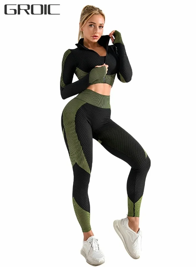GROIC Women 2 Piece Seamless Yoga Set High Waist Leggings and Zip Crop Top (Black, Medium) e2umz