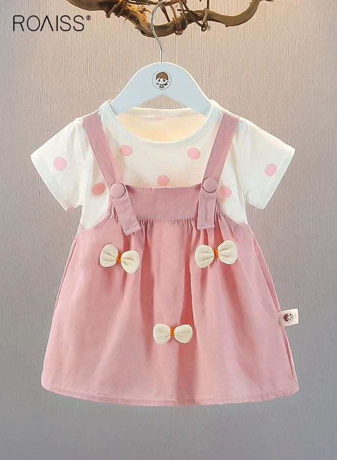 Roaiss Girls Faux Two-Piece Summer Dress, Polka Dot A-Line Frock with Bowknot Detail (Size 120cm) azgj5