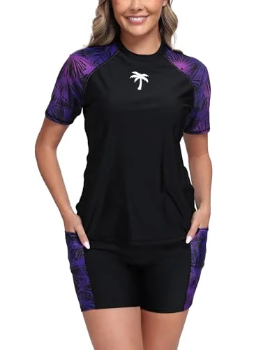 Halcurt Women Modest Rash Guard Swim Shirt with Shelf Bra (Purple, XL) 7208o