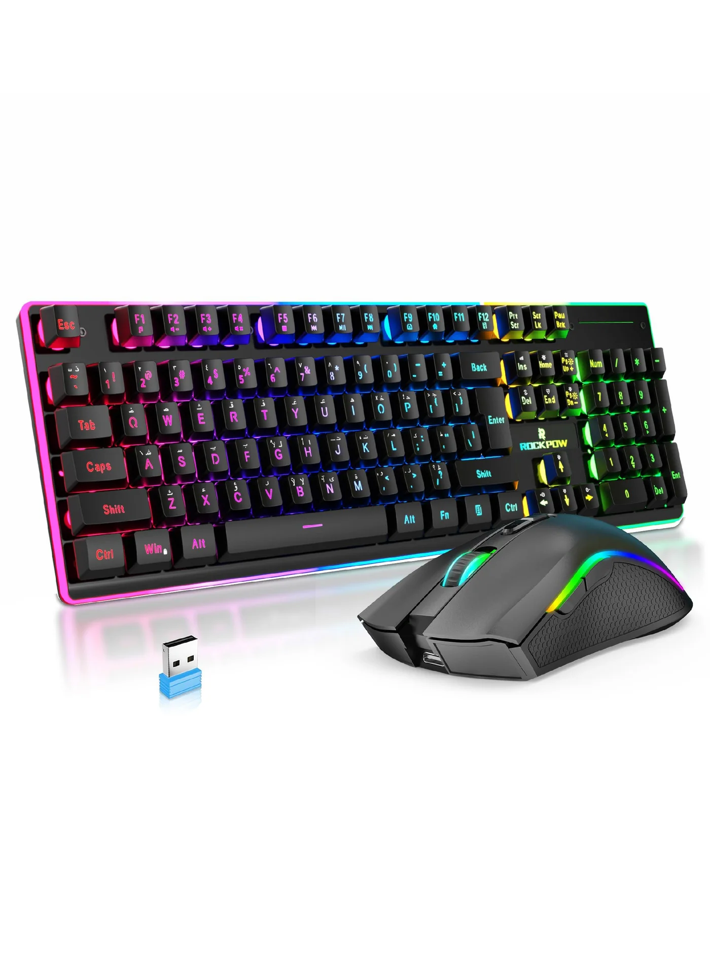 ROCK POW Wireless Gaming Keyboard and Mouse Combo Arabic English Layout RGB Rechargeable Ergonomic Set (104 Keys, 3000mAh Battery) xjbm3