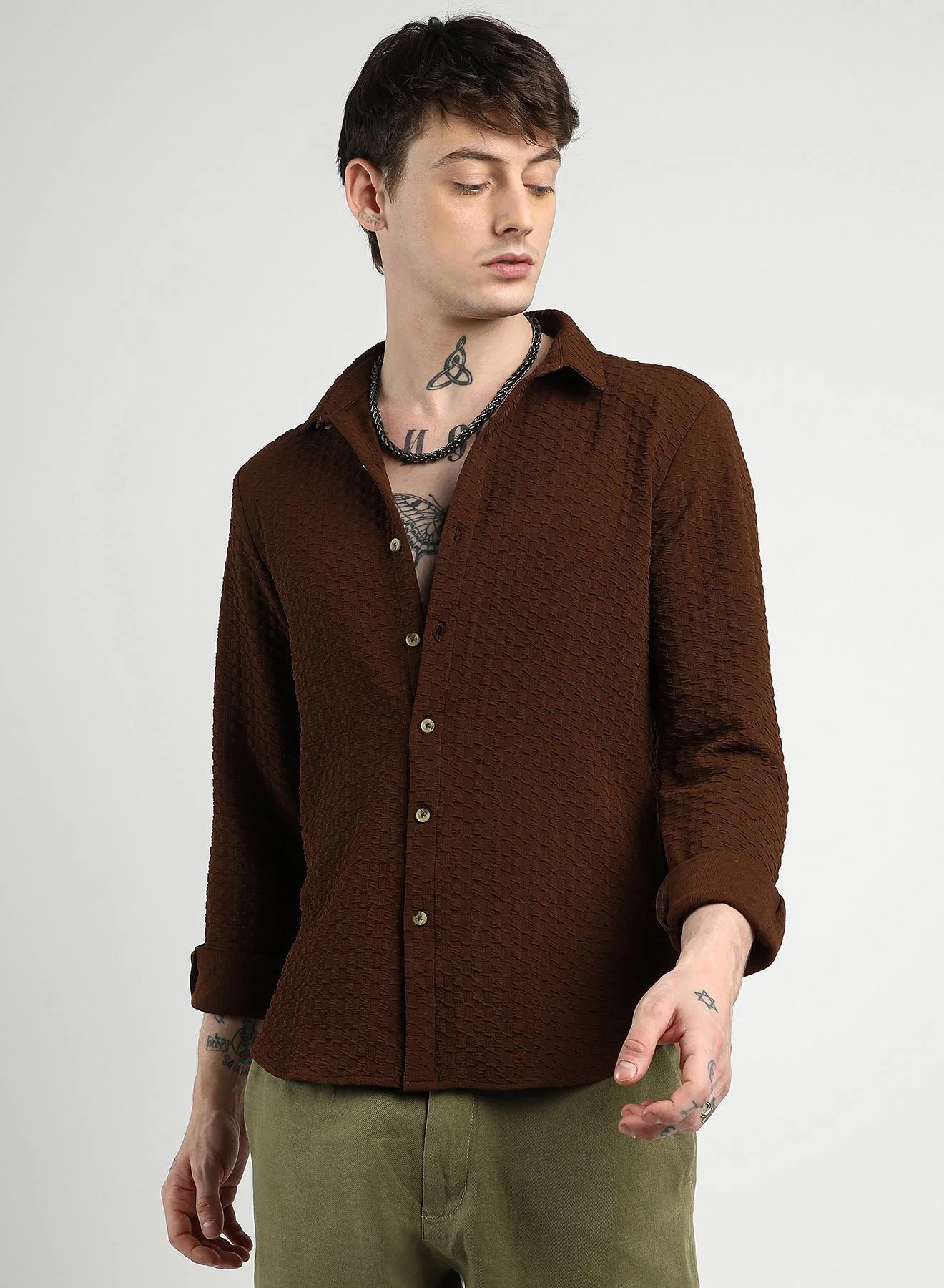 Campus Sutra Men's Ripple Box Shirt Premium Cotton Casual Button-Down (Chocolate Brown, Large) 1xedg