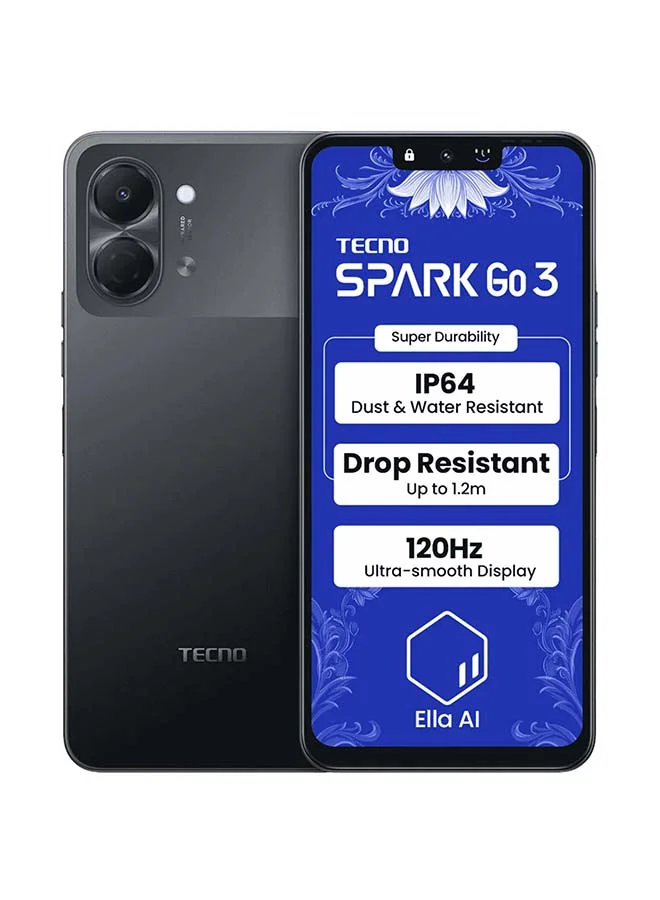 TECNO Spark Go 3 Smartphone 4G LTE 64GB 4GB RAM Dual SIM (Ink Black, 17.15 cm) 7lpal