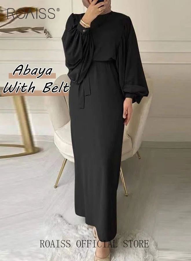 Roaiss Abaya Dress for Women Long Sleeve Lantern Sleeve Tunic with Belt Elegant Casual Daily Wear (One Size) 9boa3