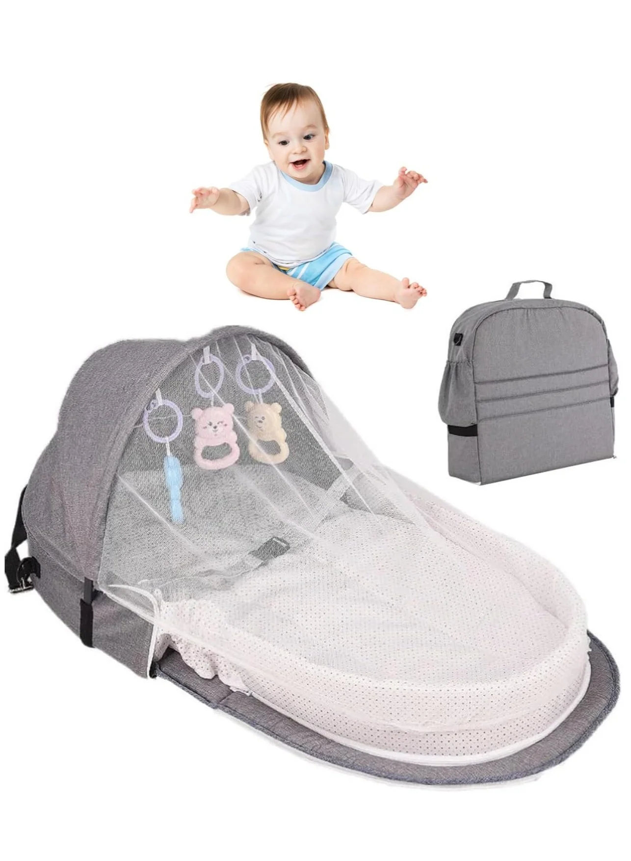 RATSAW Portable Foldable Infant Crib with Detachable Cotton Cover and Cartoon Toys for Travel and Home Use (Grey, 90x50x15 cm) cyy5v