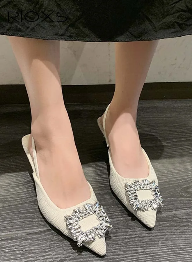 RIOXS Women's Strappy Slingback Heeled Sandals Pointed Toe Low Block Heels with Rhinestone Buckle (Beige) th4c4