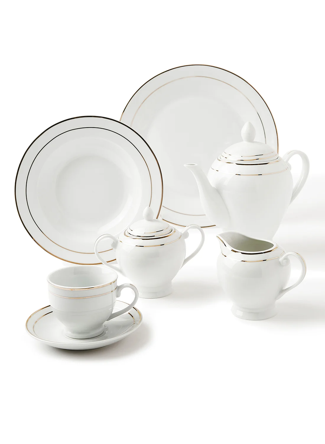 Noon East 56-Piece Porcelain Dinnerware Set, Festive White and Gold Trim, Complete Tableware Service for 6 64pju