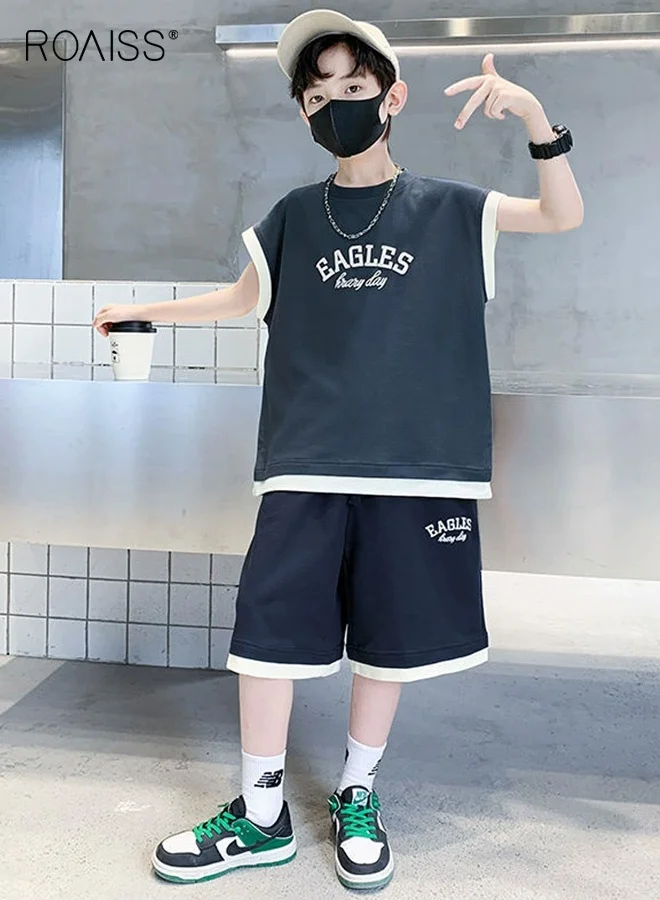 Roaiss Boys Sportswear Set Crew Neck Tank Top and Elastic Shorts (Color Block, 2-Piece Outfit for Kids) 6l8wx
