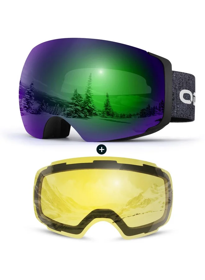 Odoland Magnetic Interchangeable Ski Goggles Large Spherical Frameless Snowboard Eyewear (Black Frame, Green Lens, 13% VLT) For Men Women g9kio