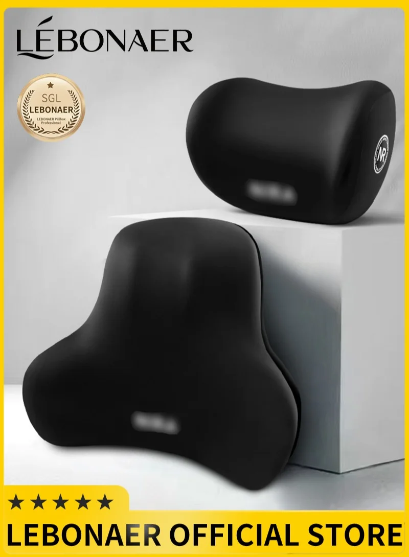 Lebonaer Car Neck and Lumbar Support Pillow Set, Premium Memory Foam Headrest and Back Cushion for Office Chair and Vehicle (Black, 2-Piece Set) 98783