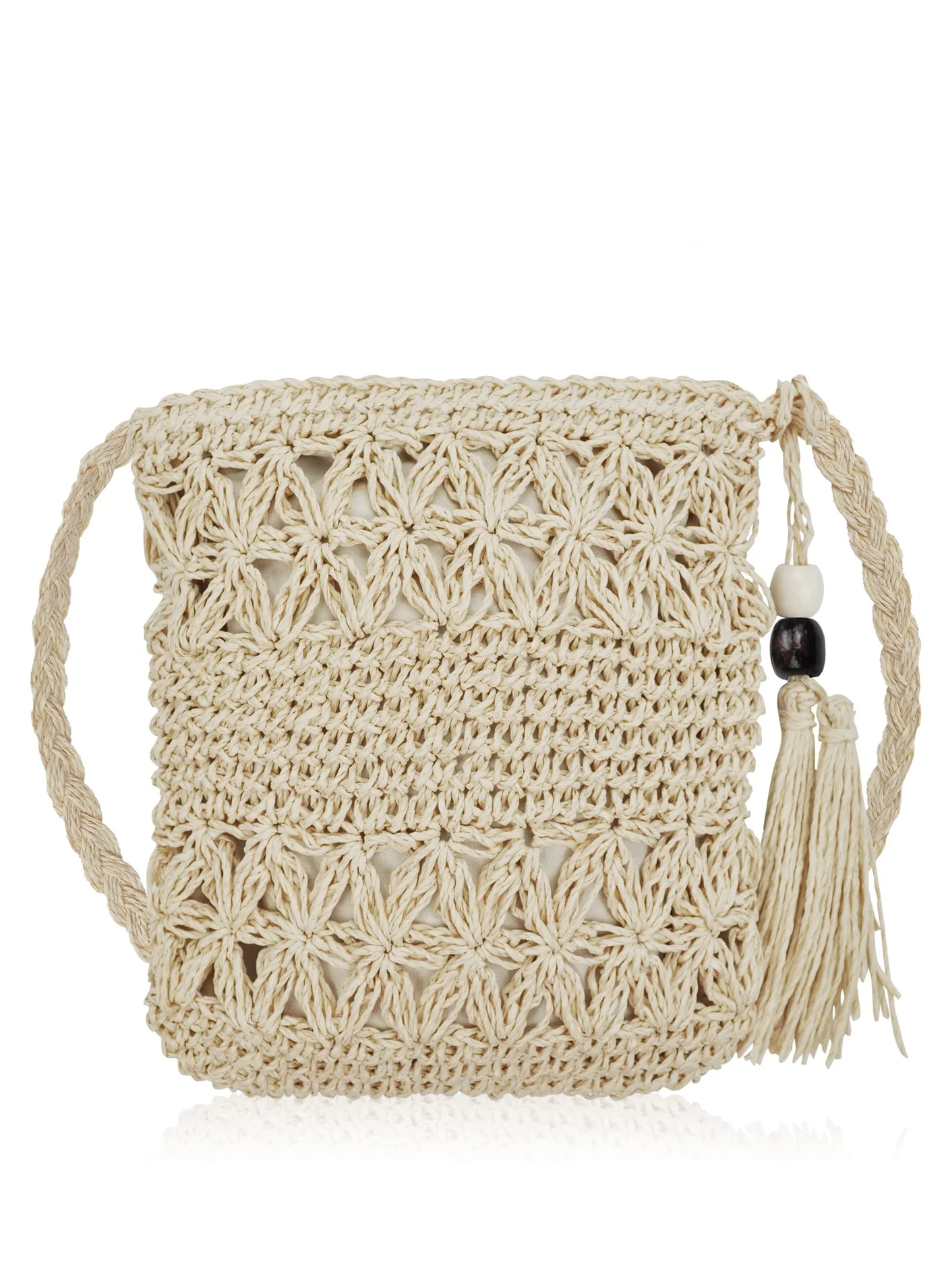 Premium Hand-Woven Straw Beach Shoulder Bag Bohemian Tassel Crossbody Purse for Women (Beige, 30cm x 25cm) 2c628