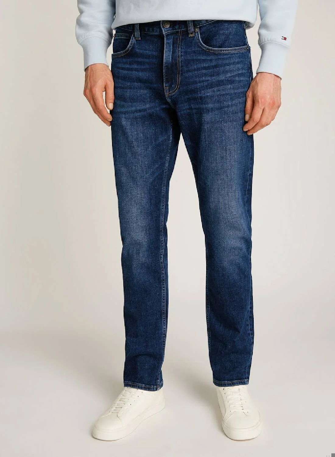 Premium Straight Leg Denim Jeans Whiskered Finish Classic Fit for Men (Blue, 32x32) g1v86