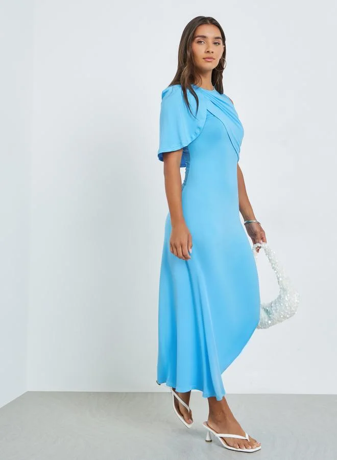 Styli Blue Irregular Shawl Sleeve A-Line Maxi Dress Elegant Flowy Evening Gown (One Size) hzoeg