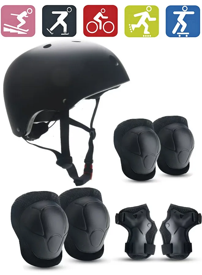 PYC Multi-Sport Protective Gear Set with Adjustable Helmet Knee Elbow Pads and Wrist Guards (Black, 7-Piece Set) wyht7