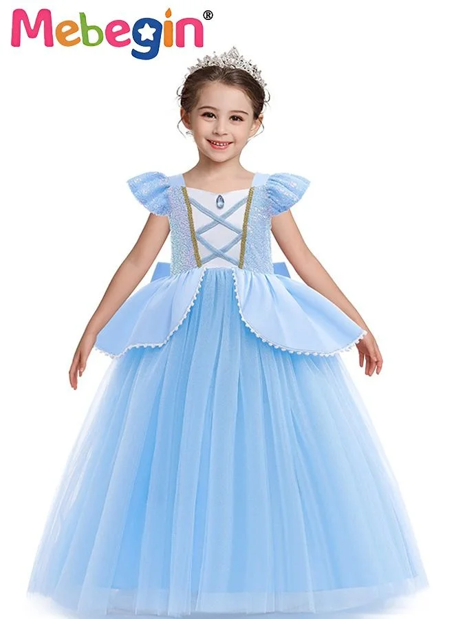 MEBEGIN Princess Cinderella Dress with Bow Detail, Elegant Pretend Play Skirt Set for Girls Evening Party Performance (Blue, Kids) j2ad7
