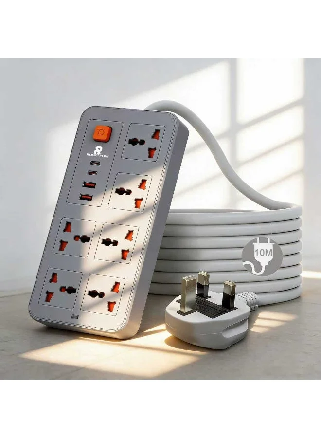 Rock Pow Universal Extension Lead 6 Gang with 2 USB and 2 Type-C Ports (10 Meters, UK Plug) 4skra