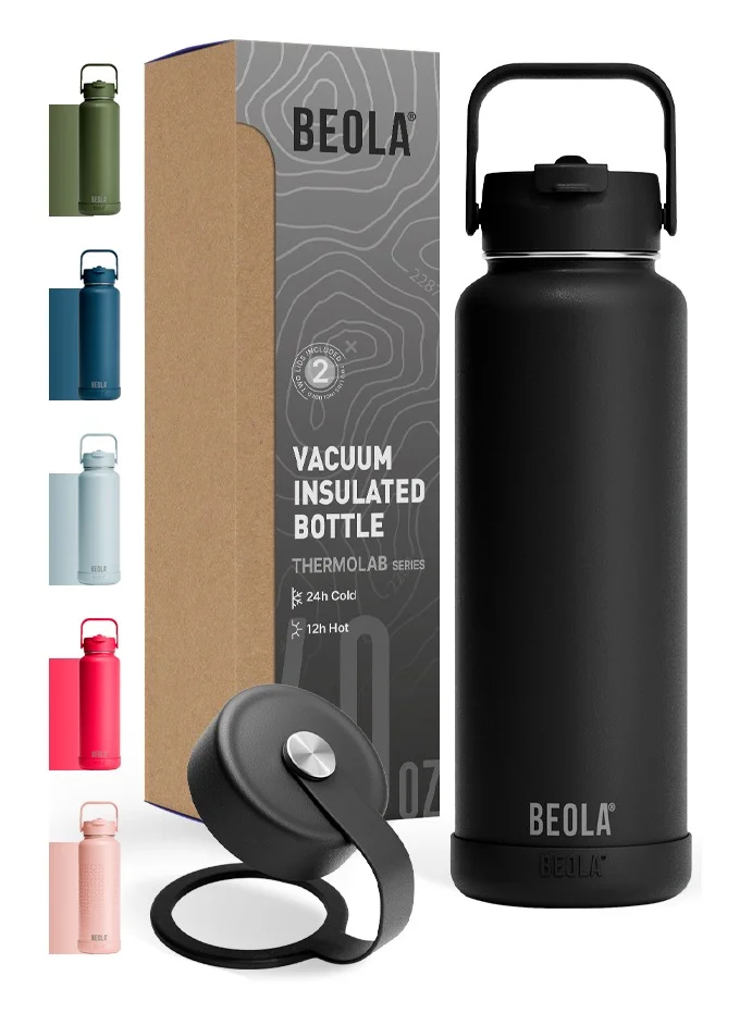 BEOLA Vacuum Insulated Water Flask Double Wall Stainless Steel Sports Jug (Mountain Black, 1200 mL) wzlka