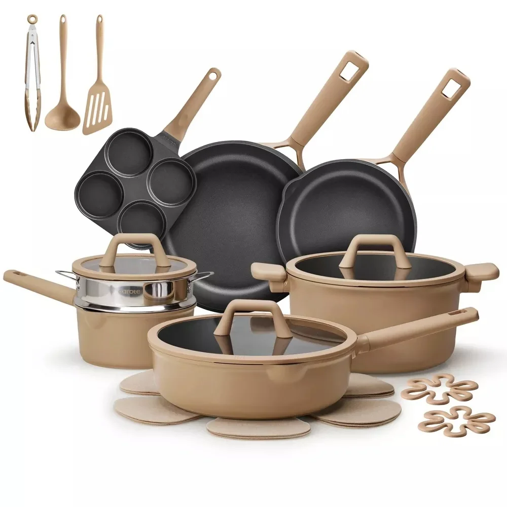 Premium Nonstick Cookware Set 21-Piece Kitchen Cooking Pots and Pans Collection (Taupe, 21-Piece) clxef