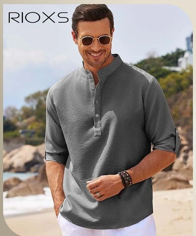 RIOXS Men's Henley Shirt 3/4 Sleeve Lightweight Button Up Pullover Top for Casual Daily Wear (Grey) mkgvt