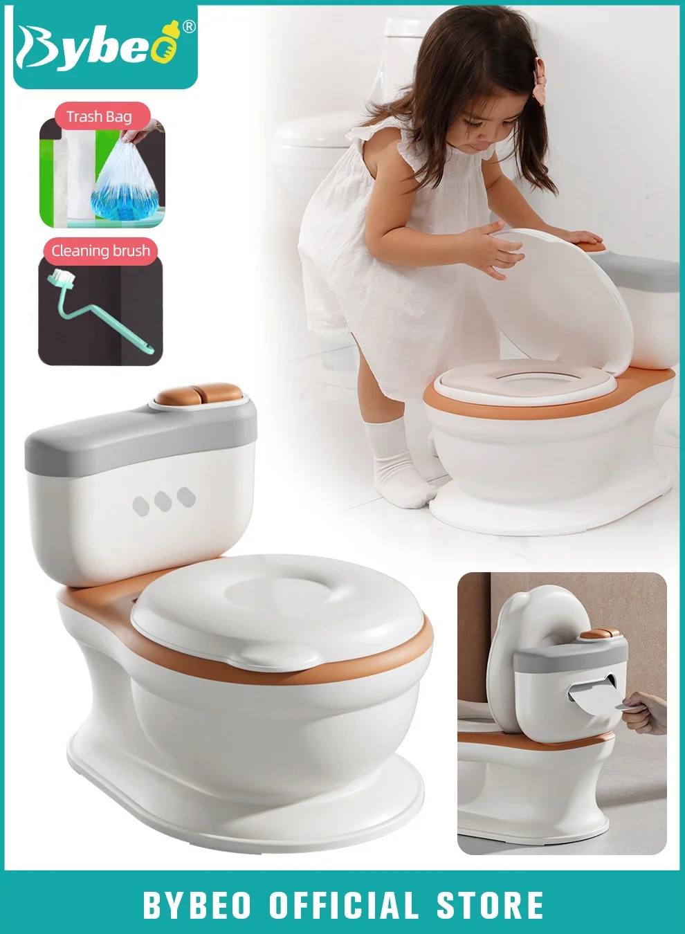 Bybeo Baby Potty Training Seat with Lid and Backrest, Realistic Toddler Toilet with Cleaning Brush and 100 Disposable Bags (1 Set) t22n5