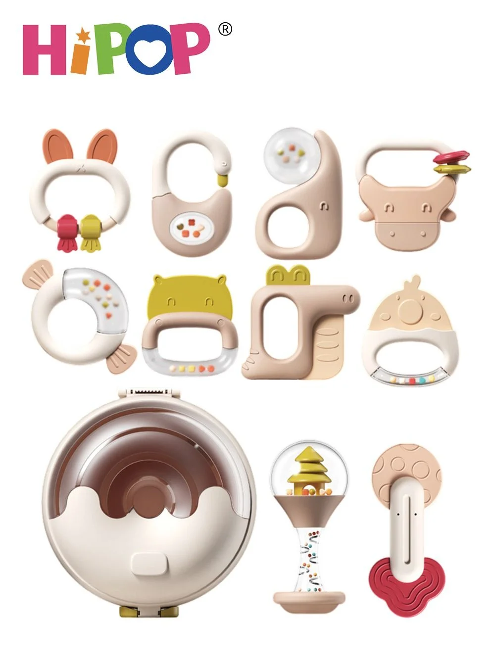 HIPOP Baby Rattle and Teething Toy Set (Food-Grade Silicone, 10-Piece Sensory Educational Gift for Newborns) k00ln