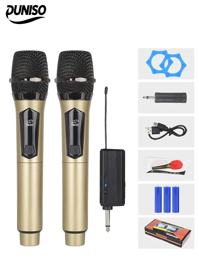 DUNISO Professional Wireless Microphone Set (Dual Handheld Microphones, Rechargeable, Golden, 2-Piece) wrj2e