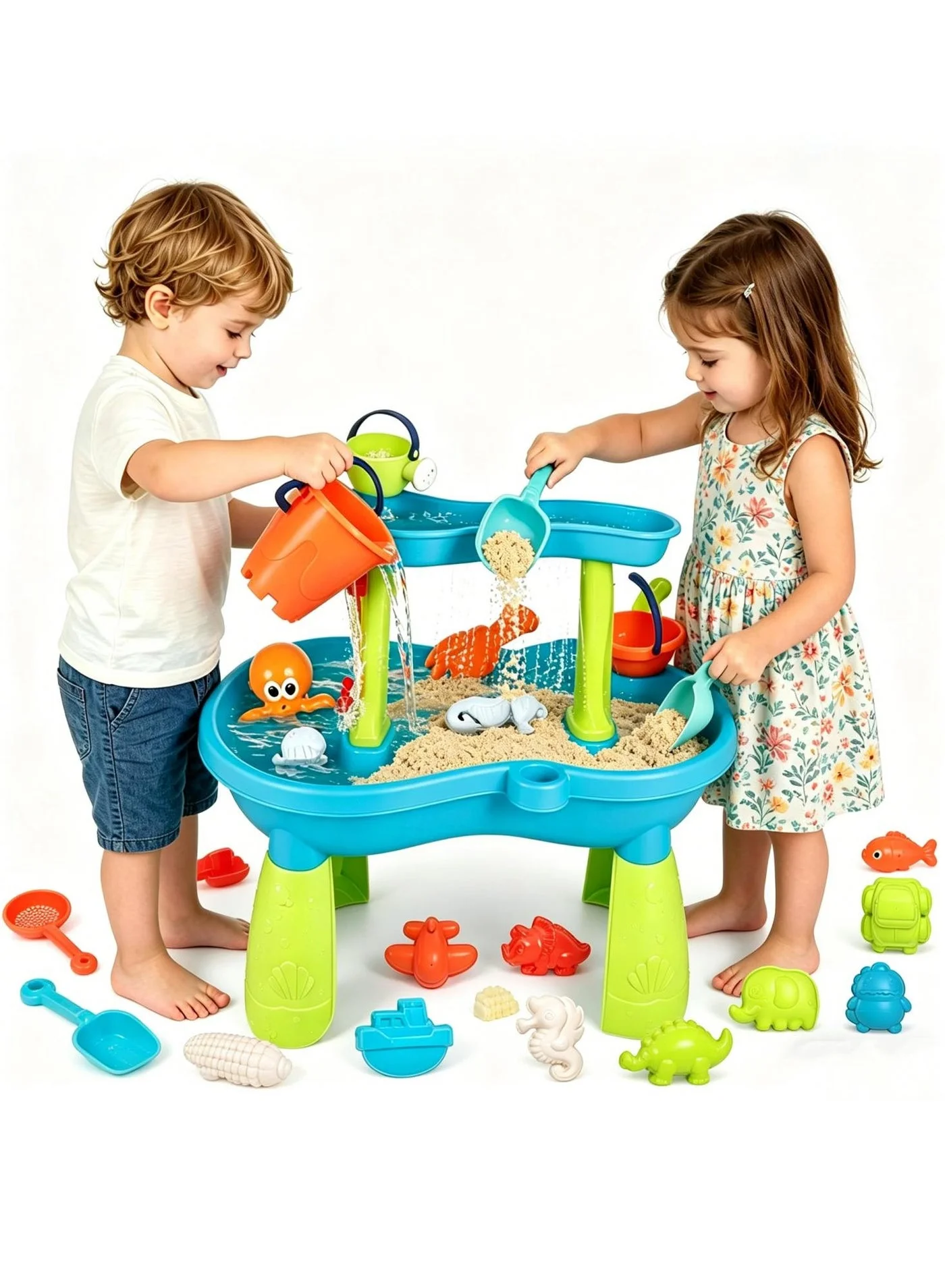XICEN Kids Water Table 2-Tier Sand Activity Station with 34PCS Beach Toys Set for Outdoor Backyard Play (Multicolor) mbmgh