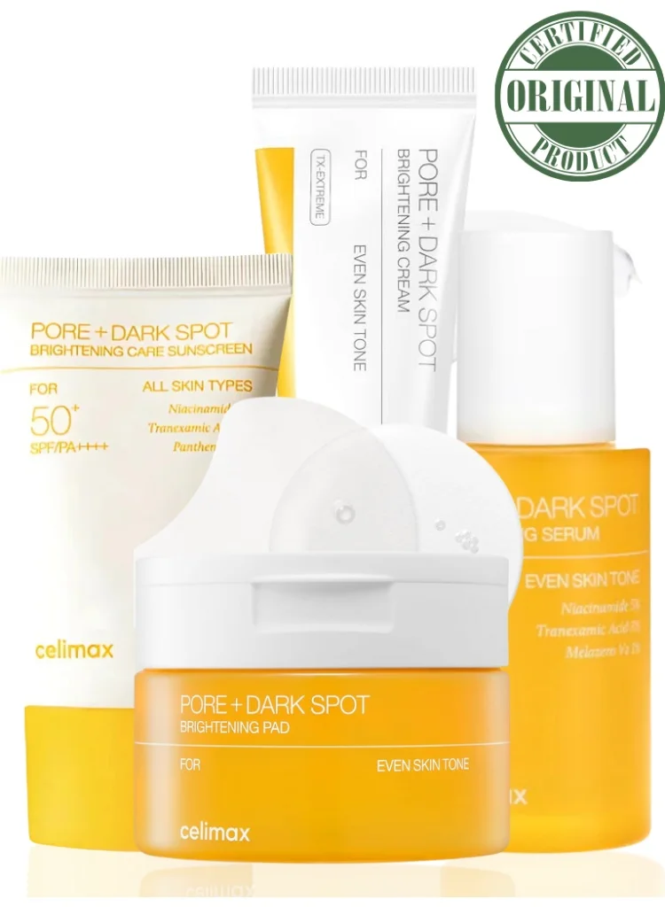 Celimax Brightening Pore Care Skincare Set (4-Piece Bundle) with Pads, Serum, Cream, and SPF50+ Sunscreen for Radiant Complexion mhhaa