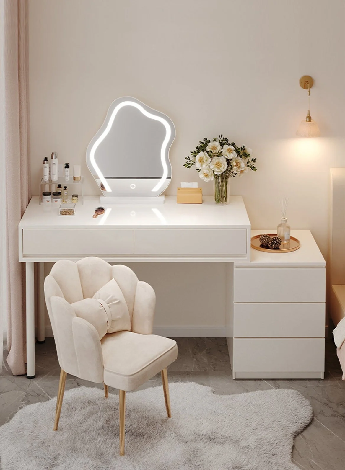 Sharpdo Modern Retractable Vanity Table with LED Mirror and 3-Drawer Bedside Cabinet (Premium MDF, White) dfrhf