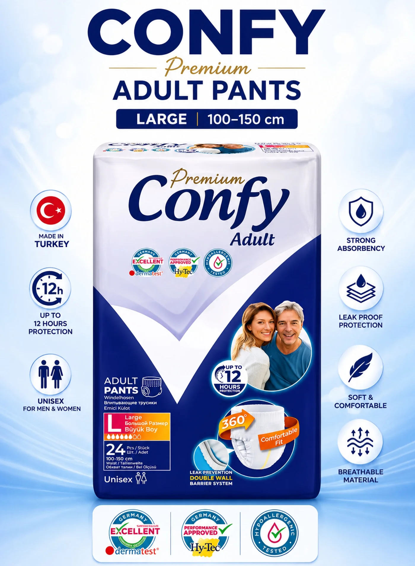 Confy Premium Adult Incontinence Pull-Up Pants, Breathable Disposable Underwear for Sensitive Skin (Large, 24 Pieces, 100-150cm Waist) jthp2