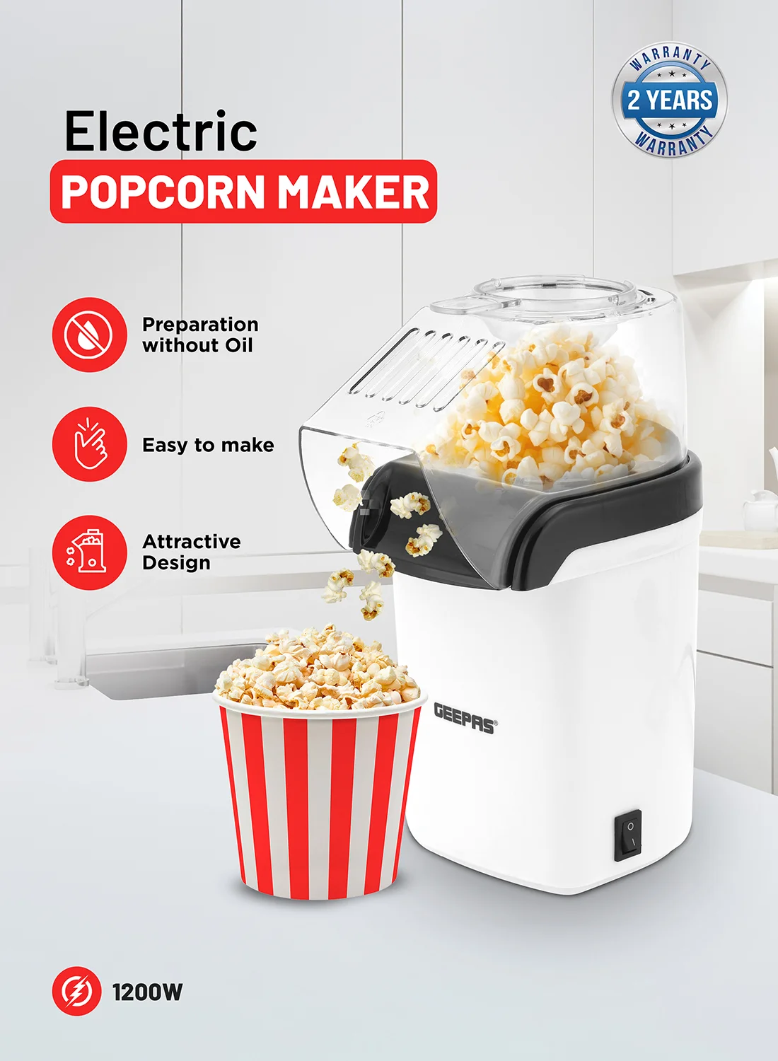 GEEPAS Electric Popcorn Maker Hot Air Popper Oil-Free Healthy Snack Machine (White, 1200W) bj553