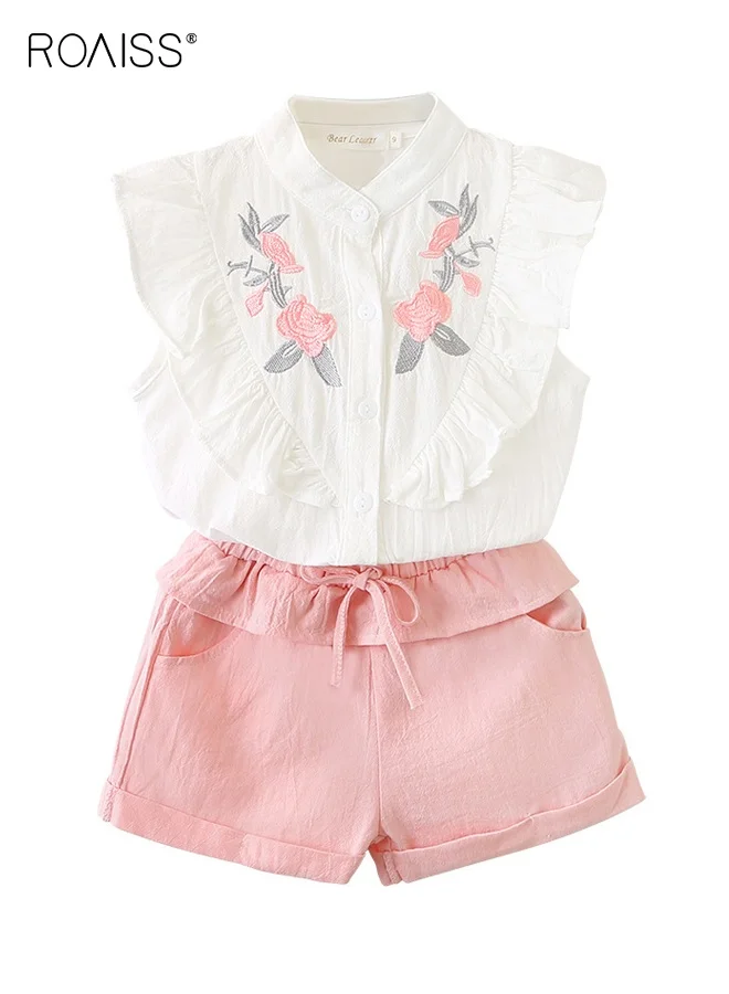 Roaiss Toddler Girls Embroidered Sleeveless Shirt and Shorts Set (Summer Casual 2-Piece Outfit, Pink, 2T) dz41e