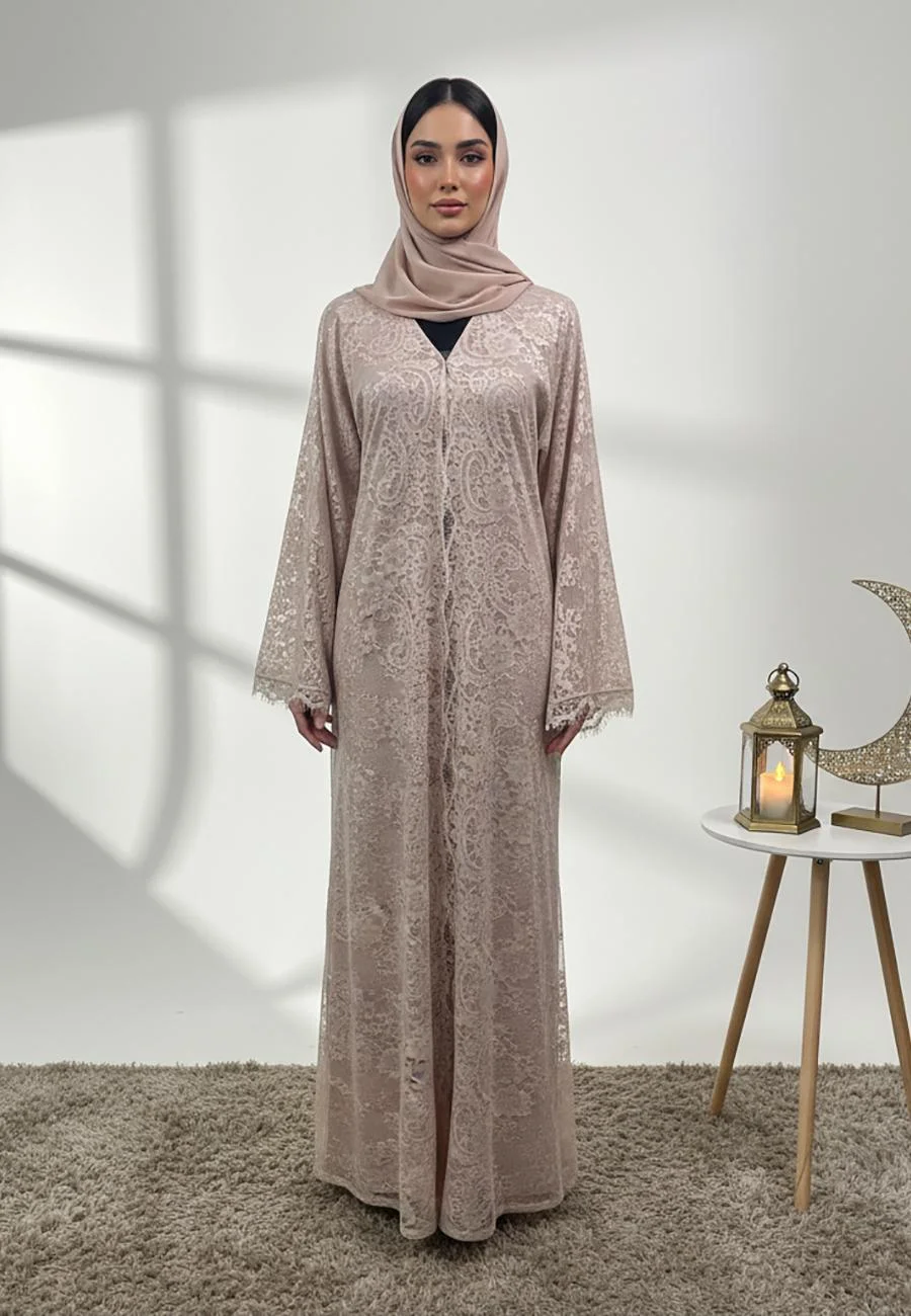 NUKHBAA Double Layer Abaya Premium Lace and Satin Overlay (Elegant Modest Wear for Women) usmvd