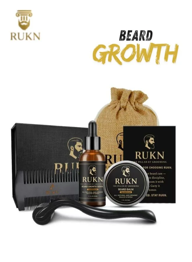 RUKN Beard Growth Kit for Men Premium Grooming Set with Oil Balm Roller and Comb (4-Piece Set) 7nstd