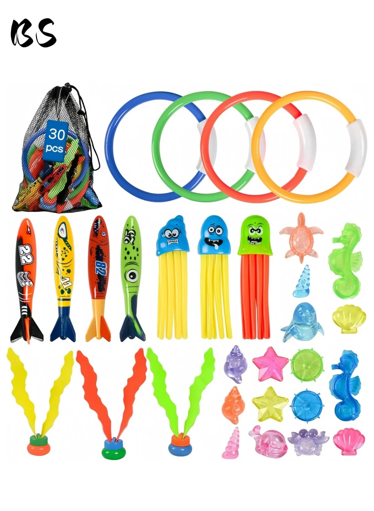 BS Diving Pool Toys Set for Kids, Underwater Swimming Training Accessories with Storage Mesh Bag (30 Pcs) b5c48