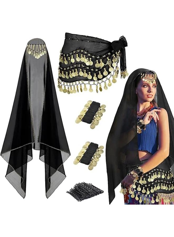 Premium Belly Dance Costume Accessory Set with Chiffon Head Scarf and Hip Scarf (4-Piece Set) r1g7p
